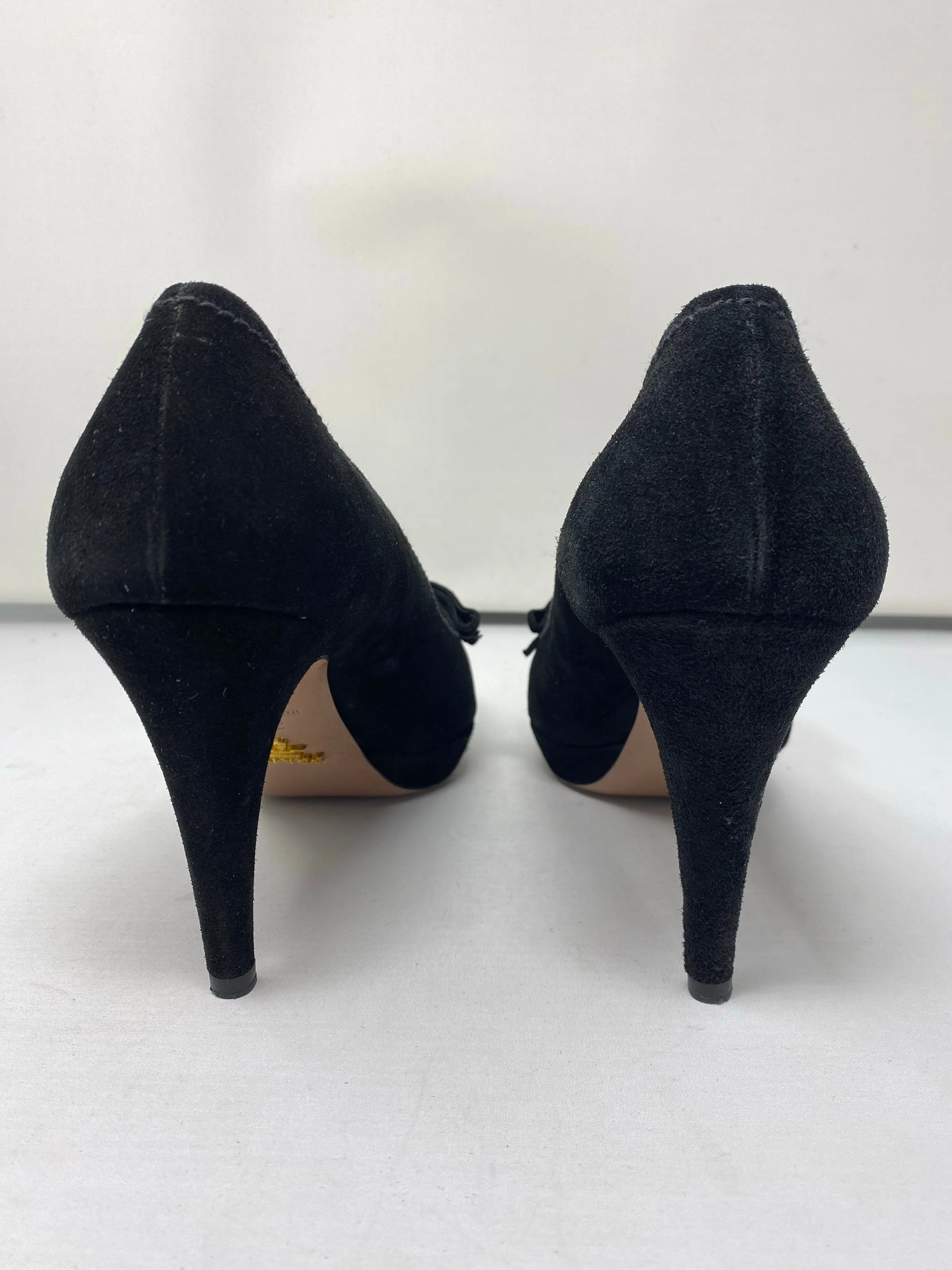Prada Black Suede Pointed Toe Platform Pump with Black Suede Bow