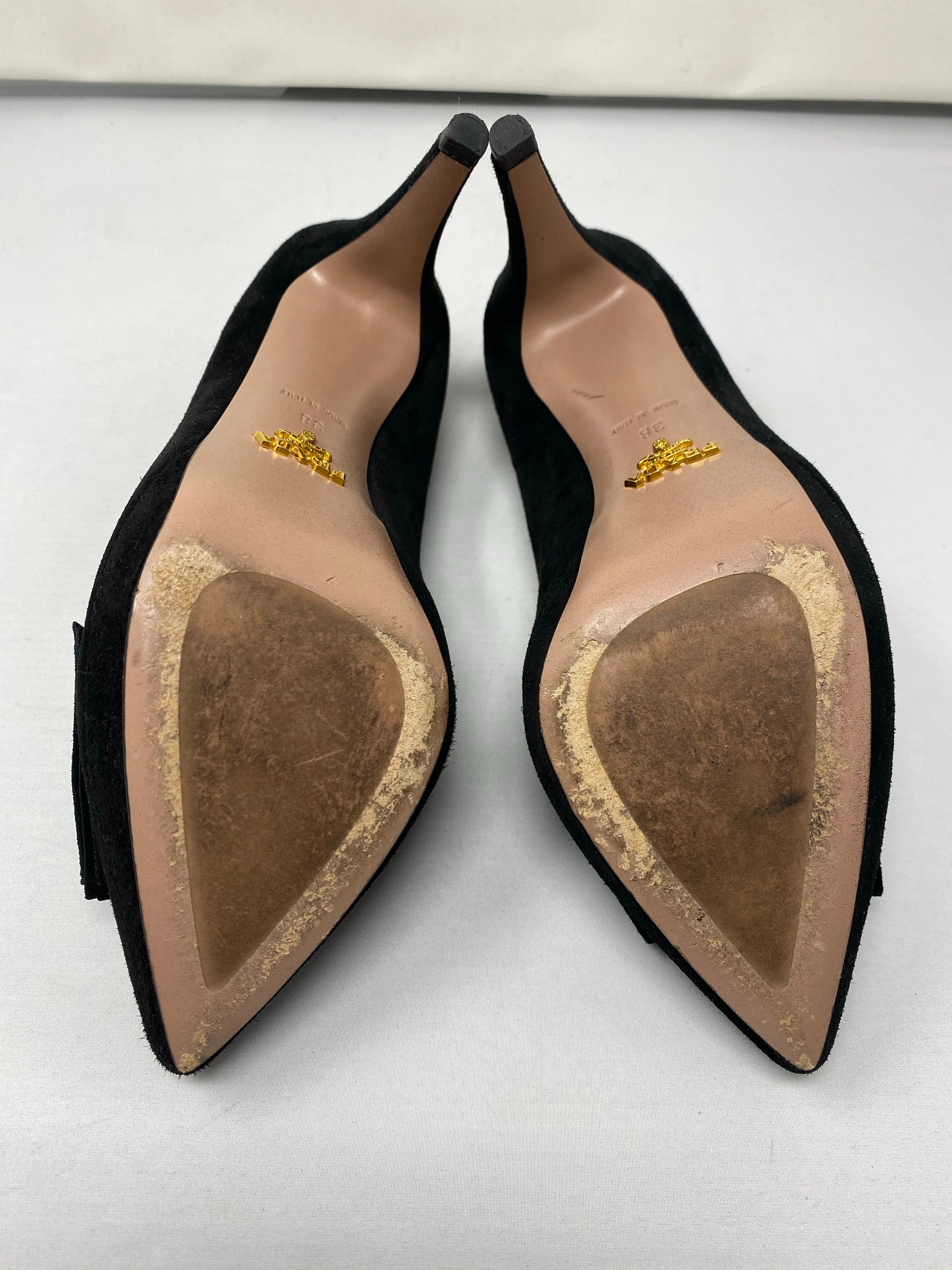 Prada Black Suede Pointed Toe Platform Pump with Black Suede Bow