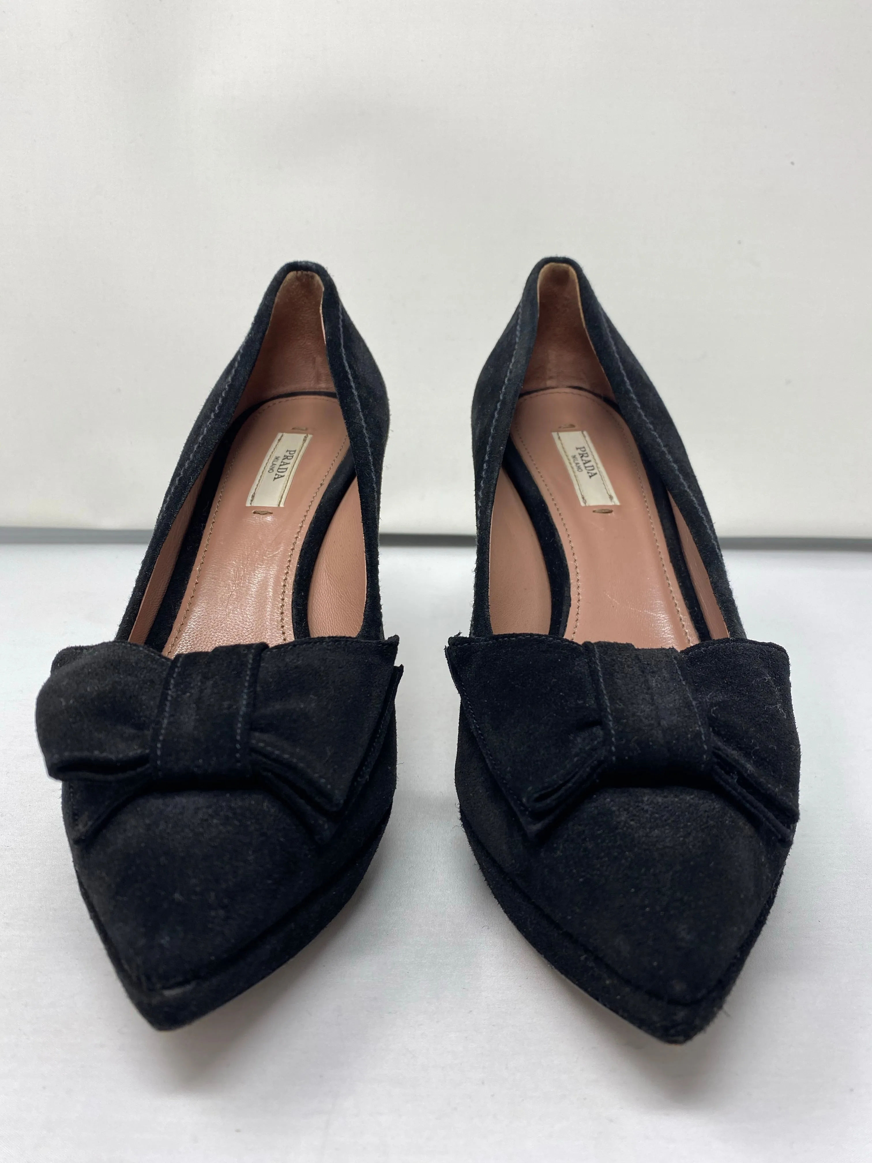 Prada Black Suede Pointed Toe Platform Pump with Black Suede Bow