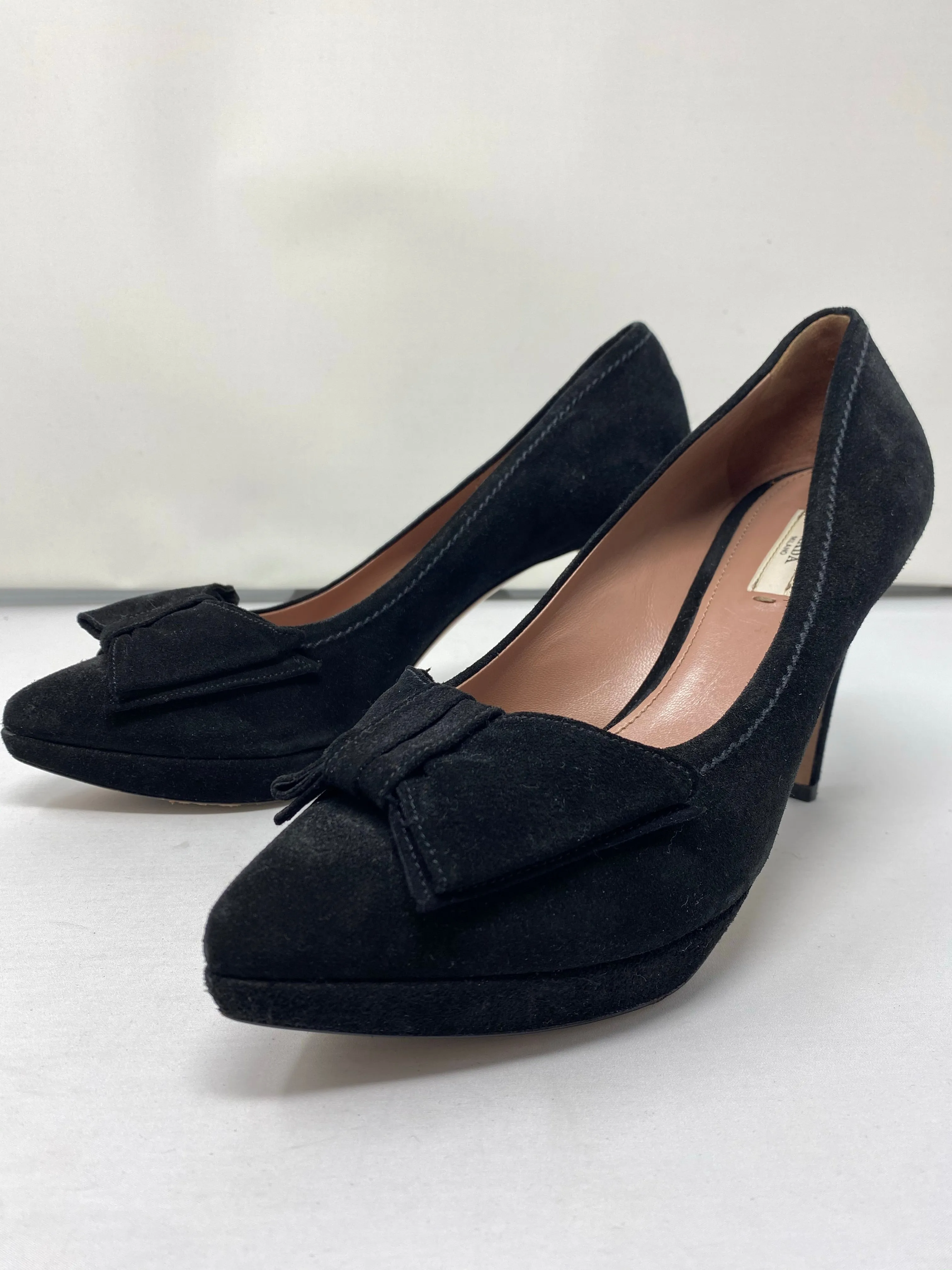 Prada Black Suede Pointed Toe Platform Pump with Black Suede Bow
