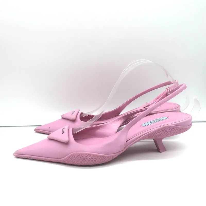Prada Gabardine Logo Plaque Slingback Pump Pink Size 40 Pointed Toe Kitten Heel