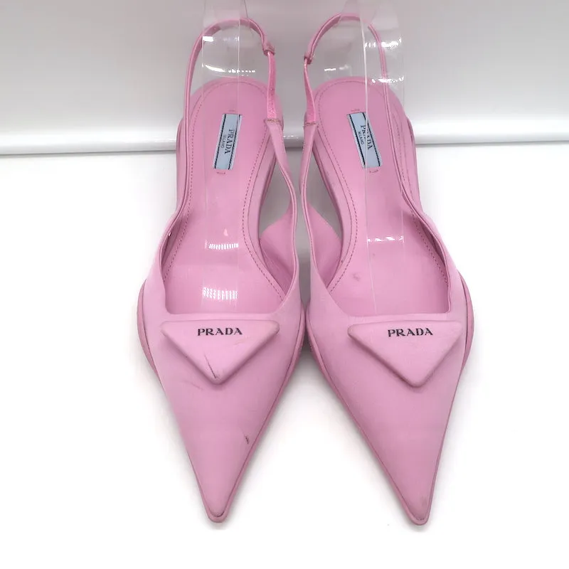 Prada Gabardine Logo Plaque Slingback Pump Pink Size 40 Pointed Toe Kitten Heel