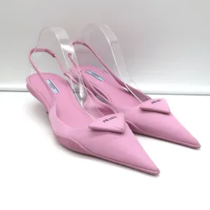 Prada Gabardine Logo Plaque Slingback Pump Pink Size 40 Pointed Toe Kitten Heel
