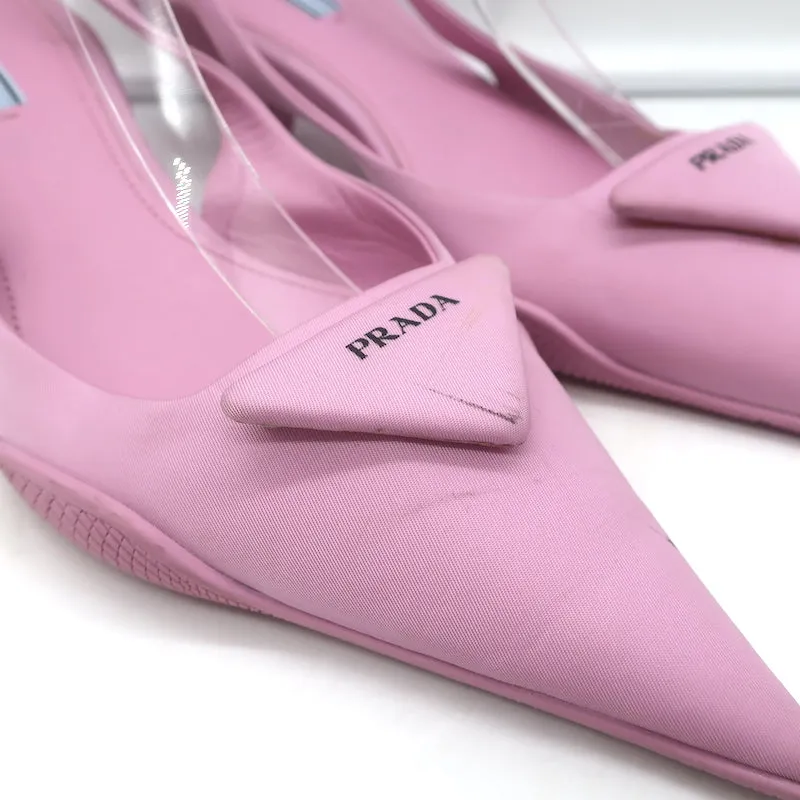 Prada Gabardine Logo Plaque Slingback Pump Pink Size 40 Pointed Toe Kitten Heel