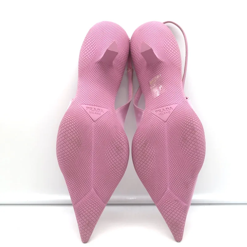 Prada Gabardine Logo Plaque Slingback Pump Pink Size 40 Pointed Toe Kitten Heel
