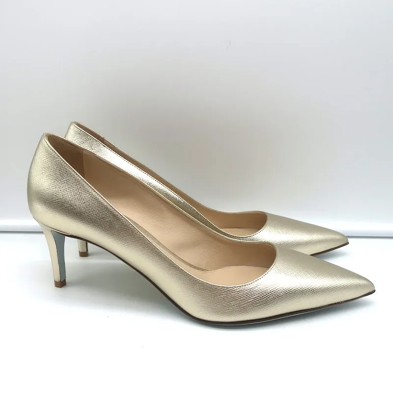 Prada Pumps Gold Metallic Saffiano Leather Size 41 Pointed Toe Heels NEW
