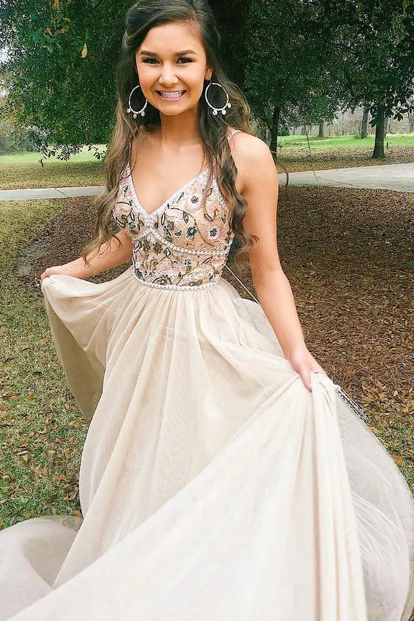 Pretty Customized Charming V neck Beaded Backless A Line Long Prom Dress with Appliques LPD016