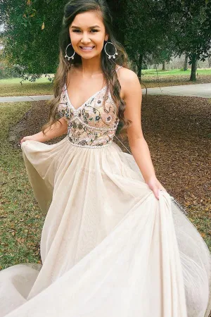 Pretty Customized Charming V neck Beaded Backless A Line Long Prom Dress with Appliques LPD016