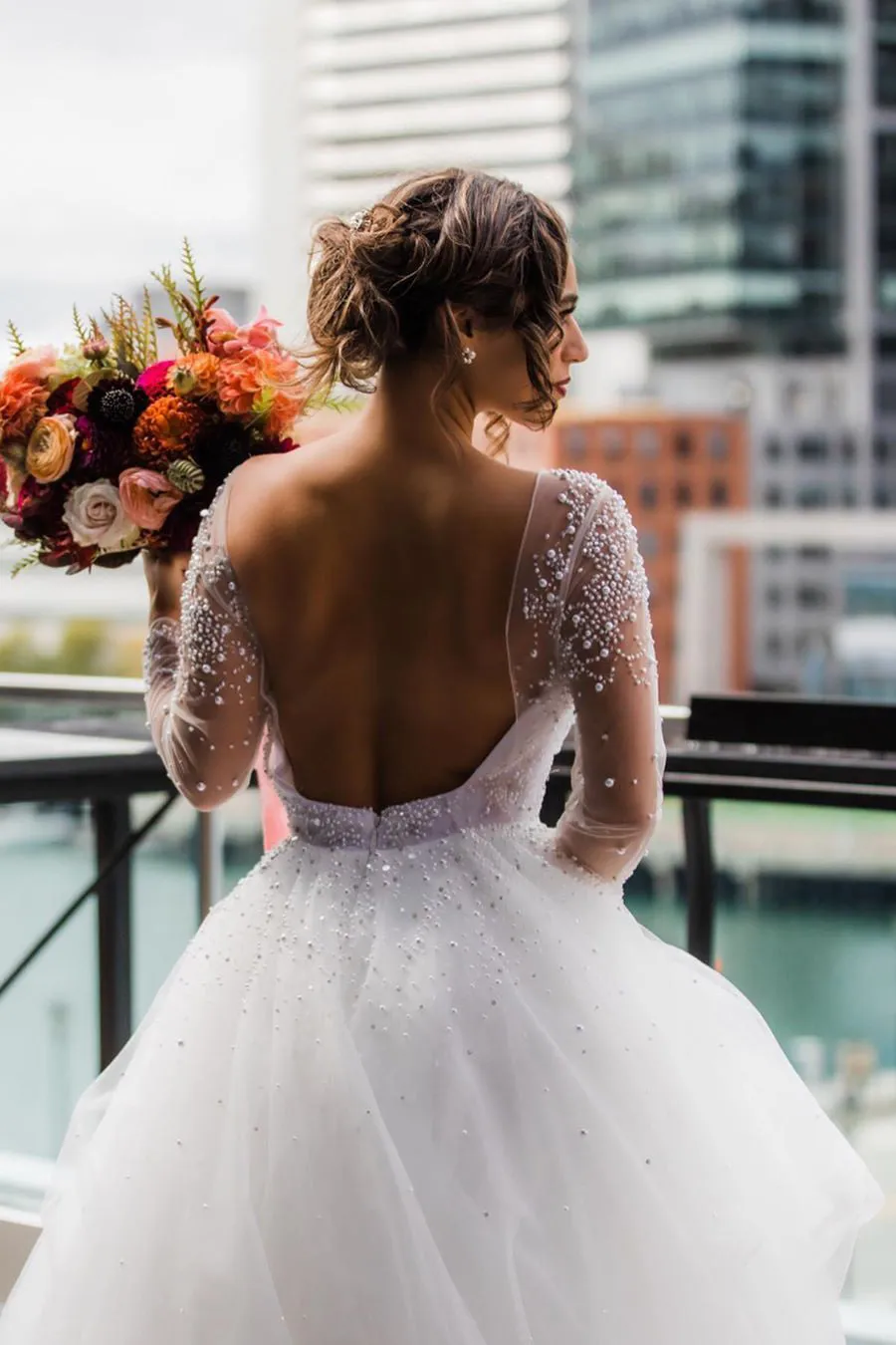 Princess A-Line Scoop Long Sleeve Backless Tulle Wedding Dress with Beading OHD096