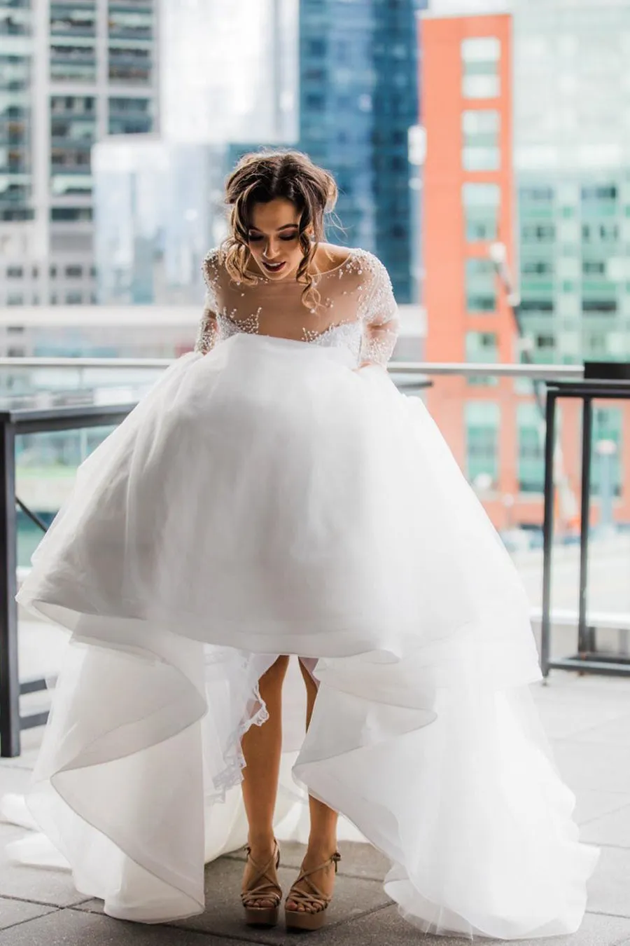 Princess A-Line Scoop Long Sleeve Backless Tulle Wedding Dress with Beading OHD096