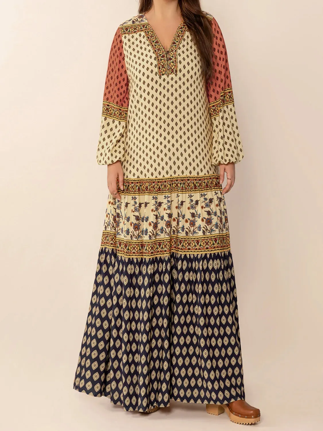 Printed V-Neck Balloon Sleeve Maxi Dress