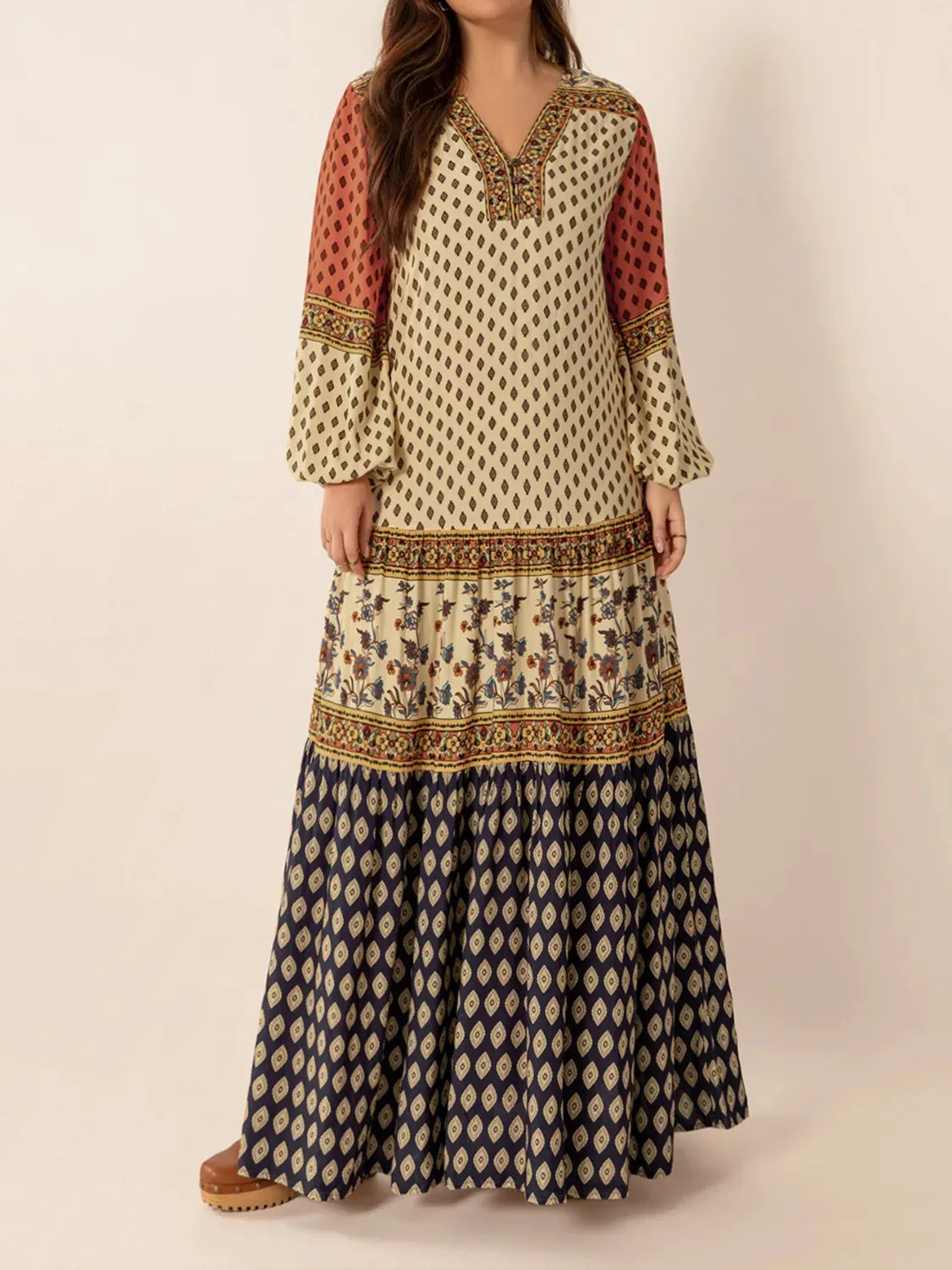 Printed V-Neck Balloon Sleeve Maxi Dress