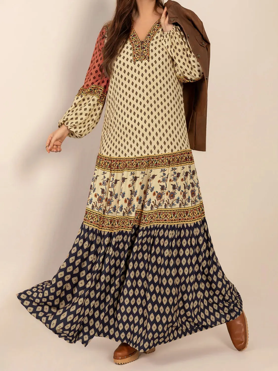 Printed V-Neck Balloon Sleeve Maxi Dress