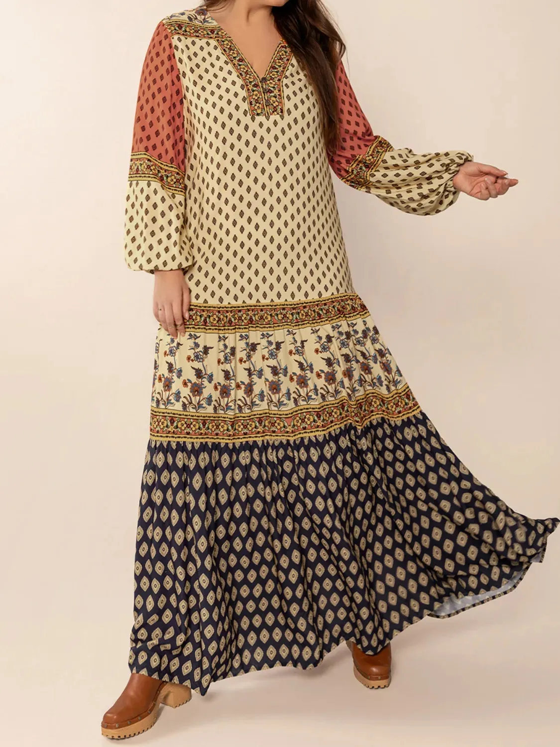 Printed V-Neck Balloon Sleeve Maxi Dress