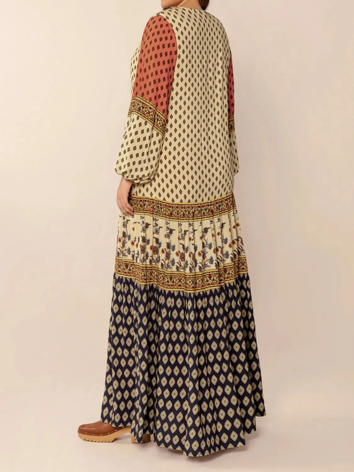Printed V-Neck Balloon Sleeve Maxi Dress