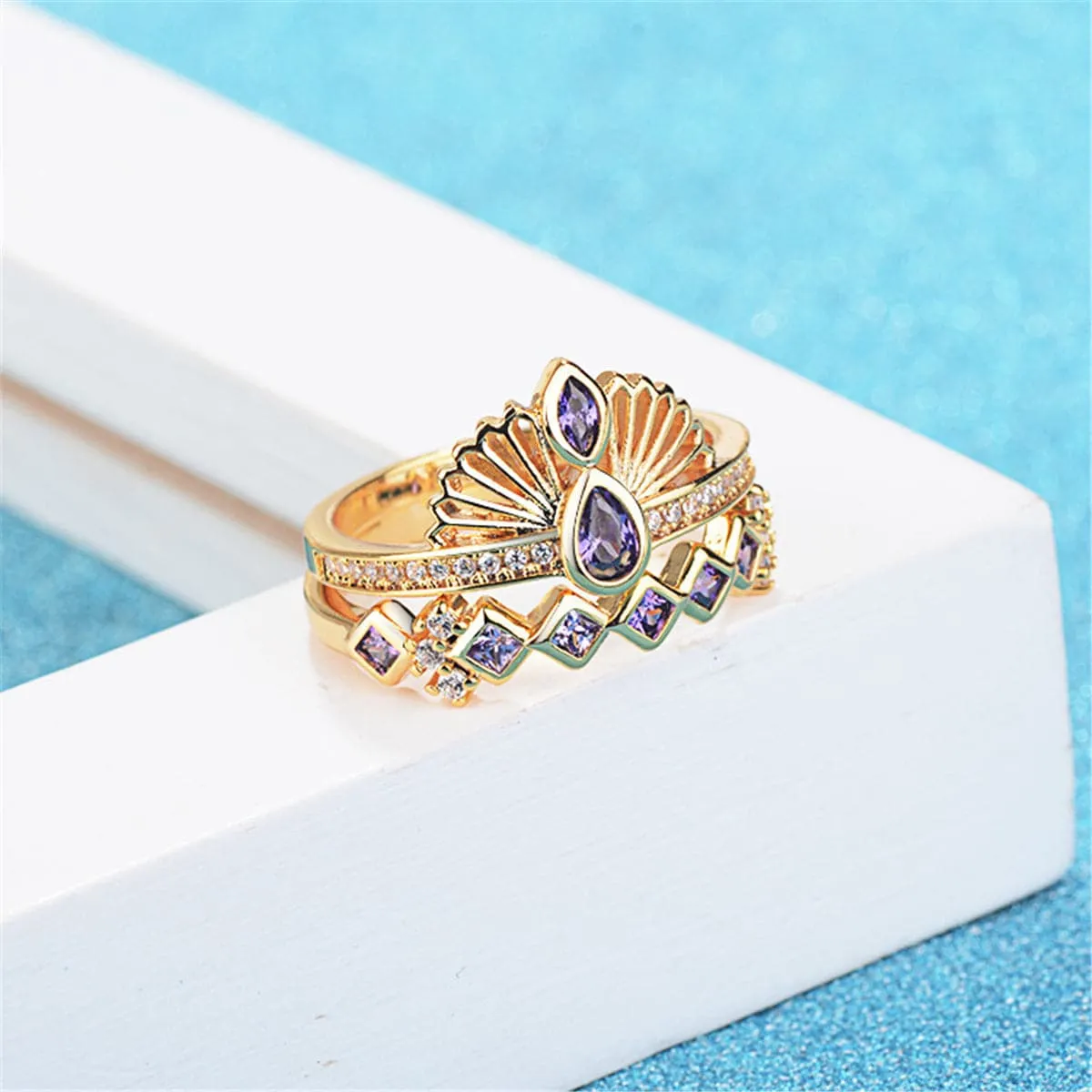 Purple Crystal & Cubic Zirconia Crown Ring Set