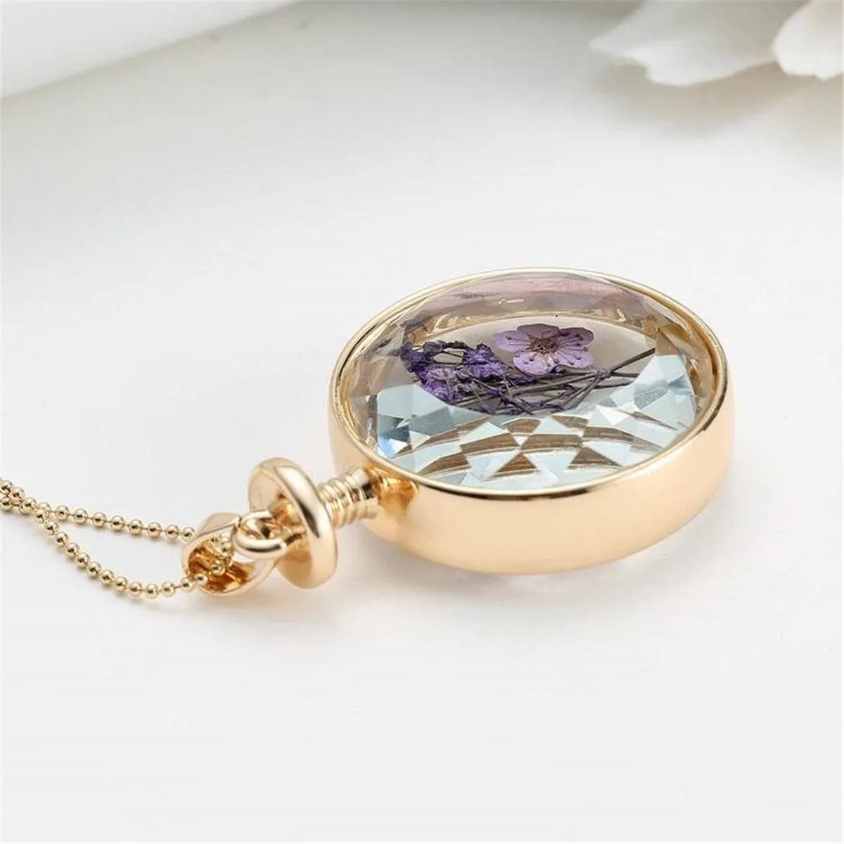 Purple Peach Blossom & Resin Round Pendant Necklace