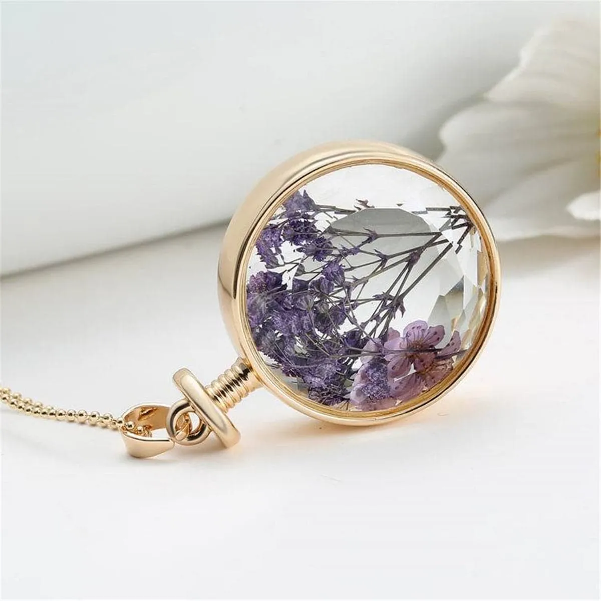 Purple Peach Blossom & Resin Round Pendant Necklace