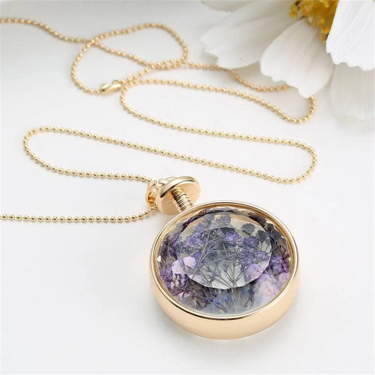 Purple Peach Blossom & Resin Round Pendant Necklace