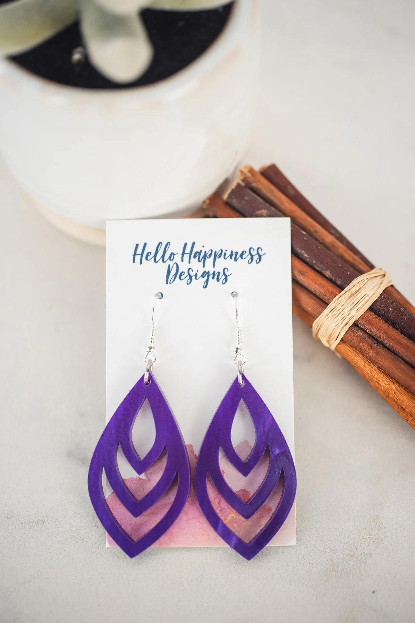 Purple Pearl Acrylic Cutout Teardrop Dangle Earrings