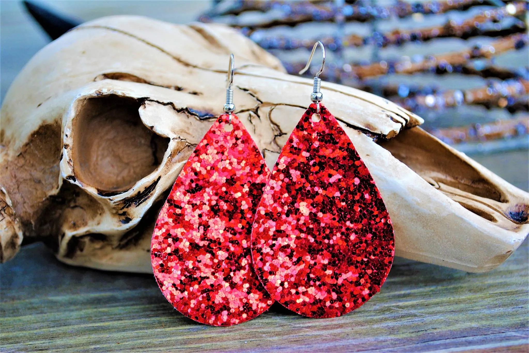"Ruby Red Slippers" Glitter Canvas Chunky Teardrop Earrings