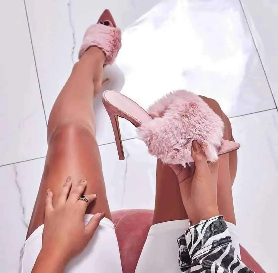 Rabbit Fur Pointed High Heel Sandals