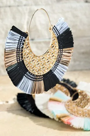 Raffia Fan Tassel Dangle Earrings in Dark Multi