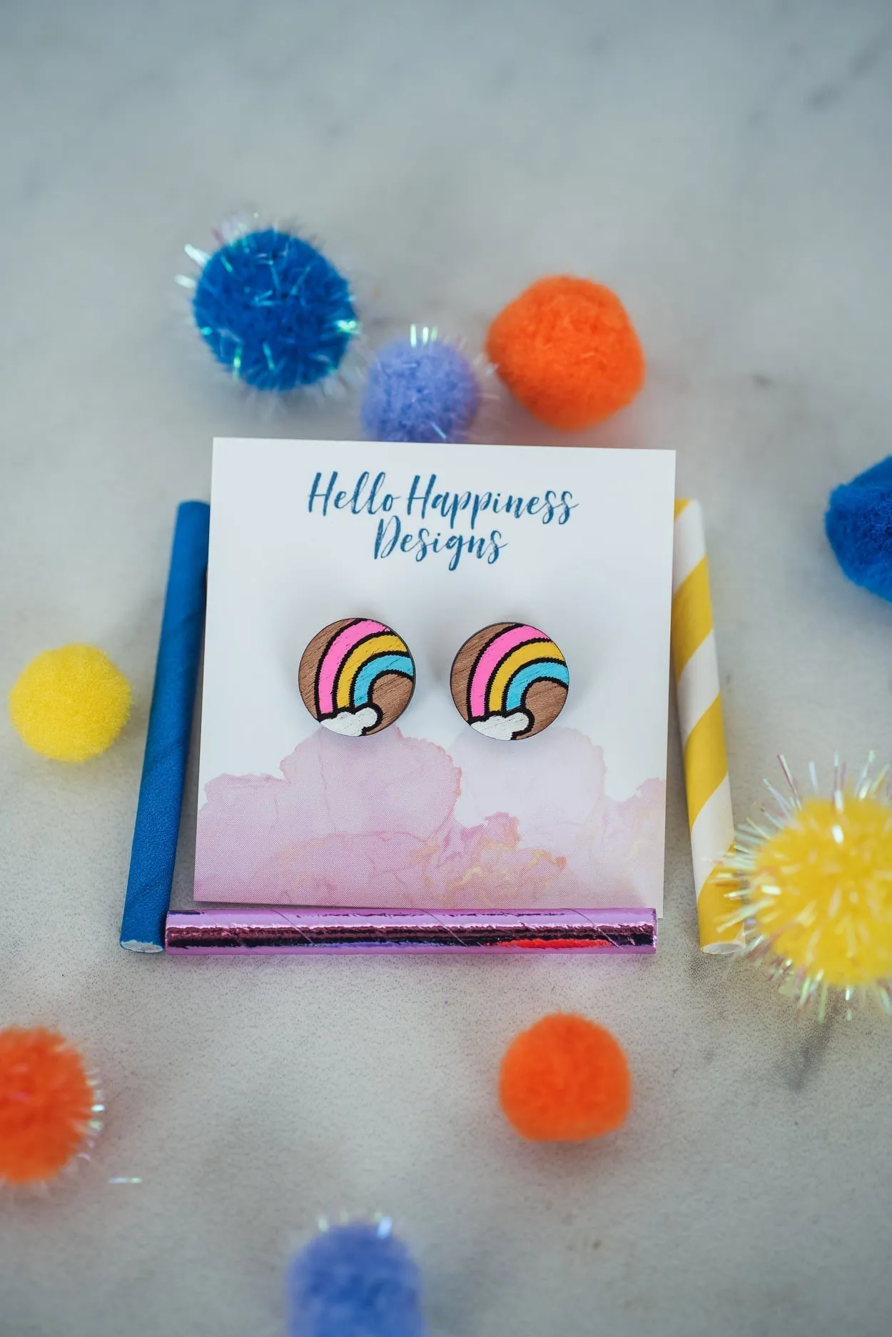 Rainbow & Cloud Wood Stud Earrings