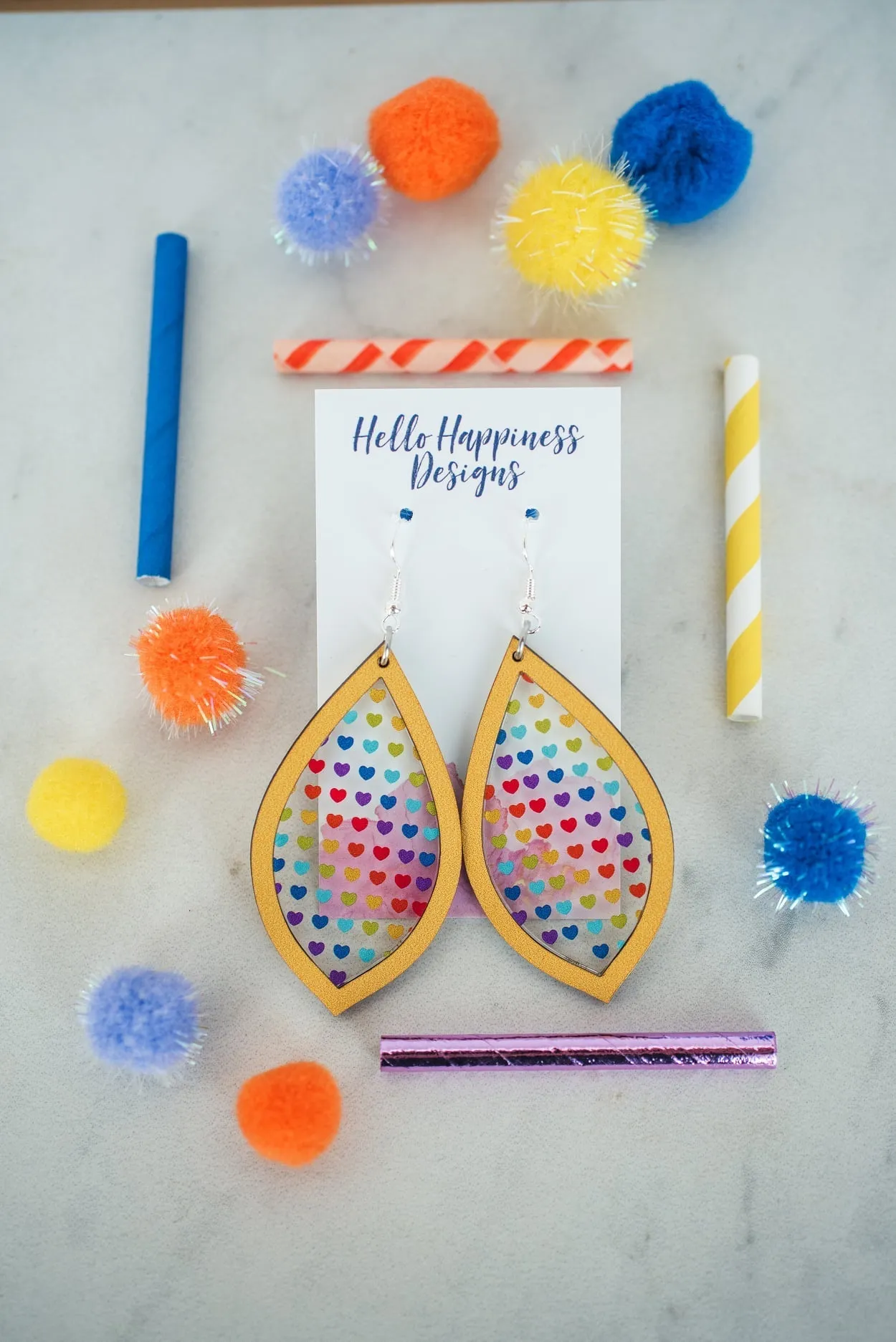 Rainbow Heart Inset Dangle Earrings in Yellow