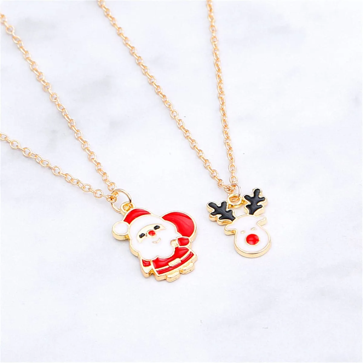 Red & 18K Gold-Plated Santa Claus & Reindeer Pendant Necklace Set