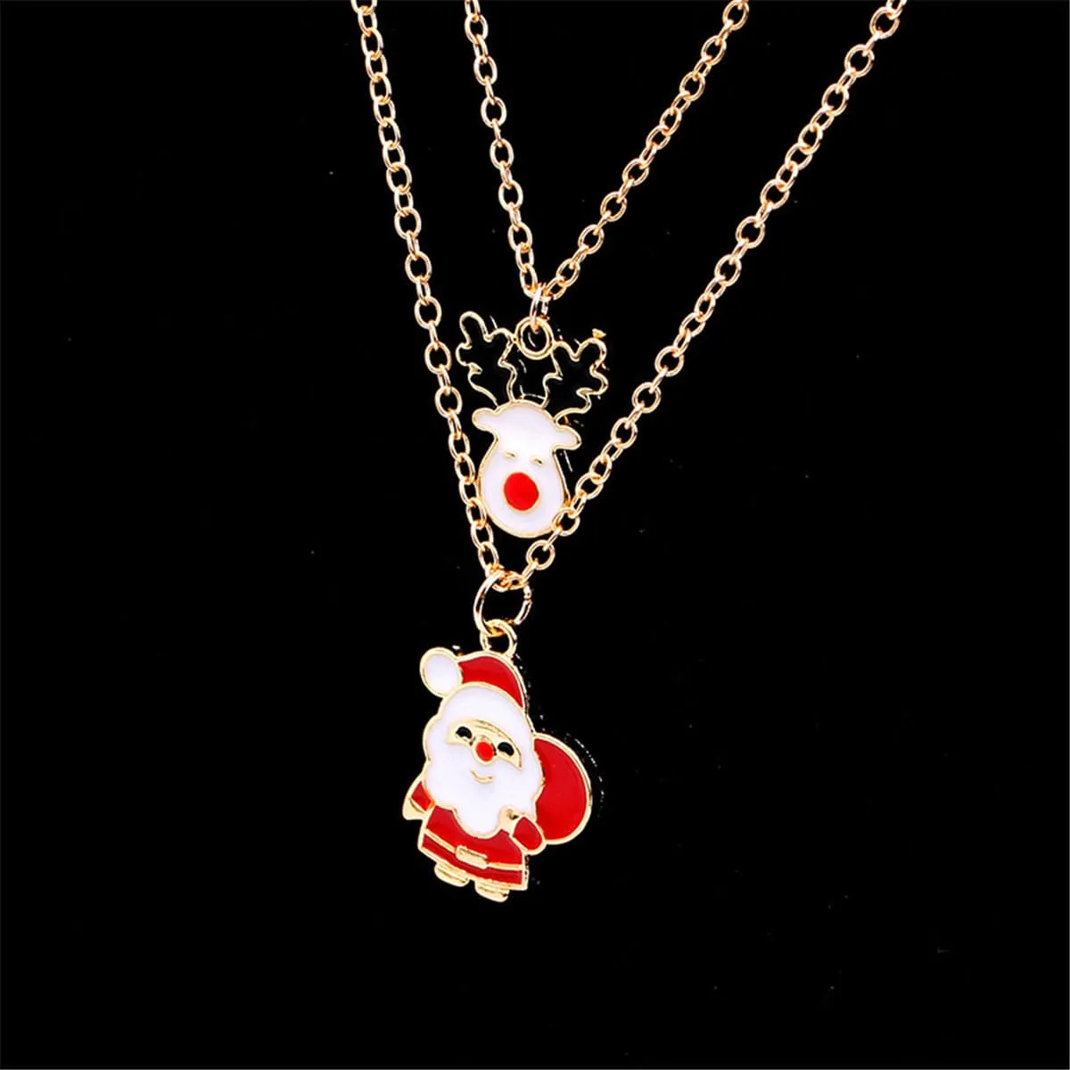 Red & 18K Gold-Plated Santa Claus & Reindeer Pendant Necklace Set