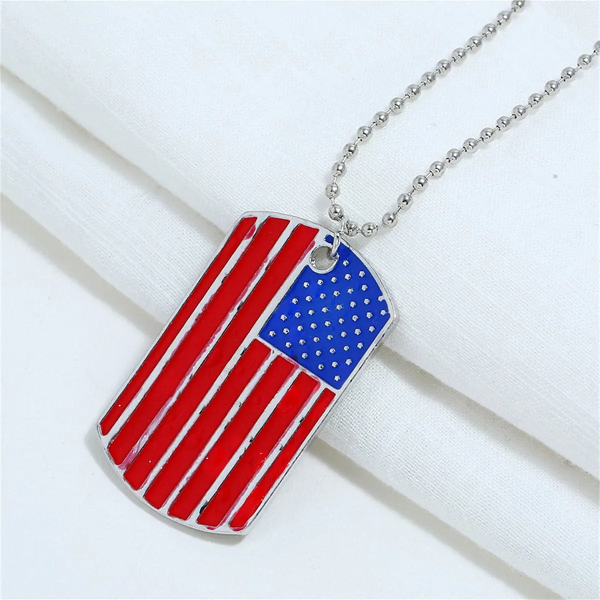 Red & Blue Enamel Stars & Stripes Dog Tag Pendant Necklace