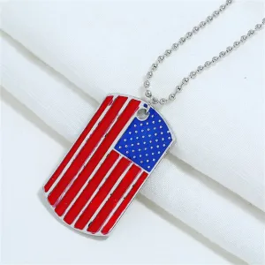 Red & Blue Enamel Stars & Stripes Dog Tag Pendant Necklace