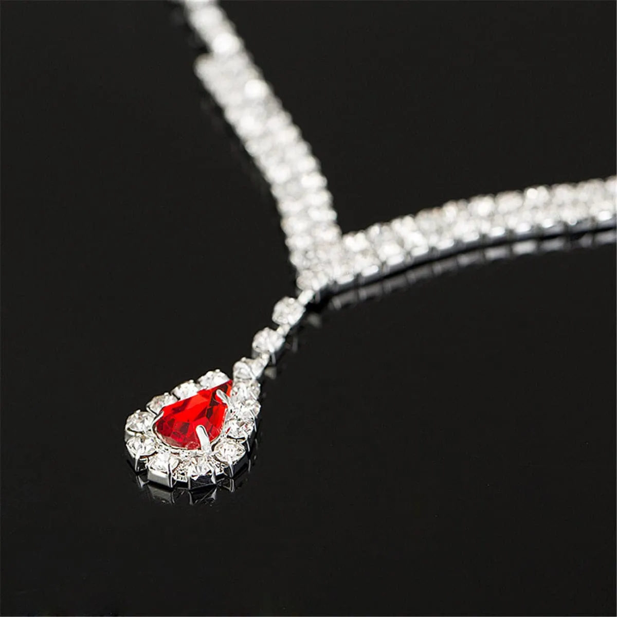 Red & Cubic Zirconia Pear Statement Necklace & Drop Earrings