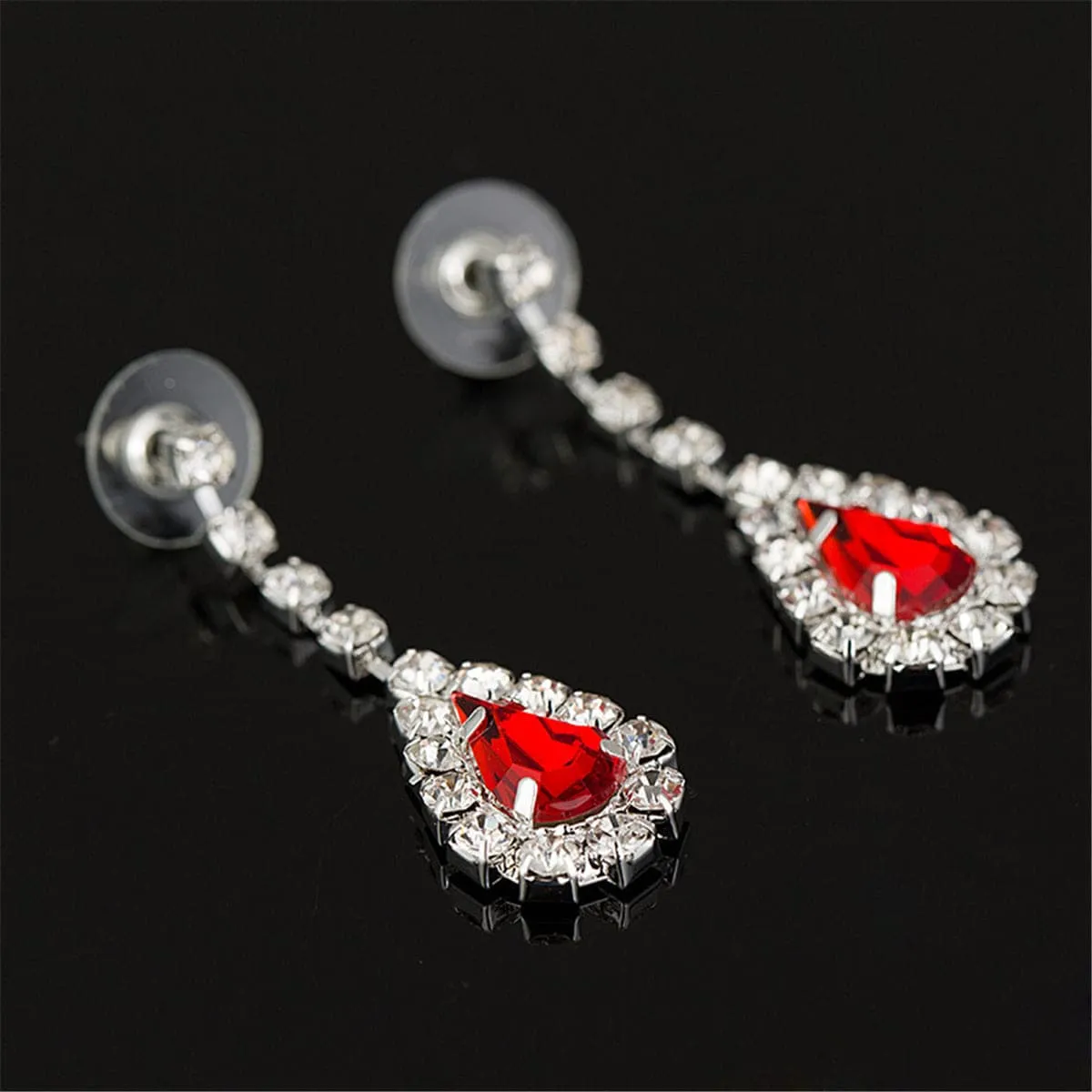 Red & Cubic Zirconia Pear Statement Necklace & Drop Earrings