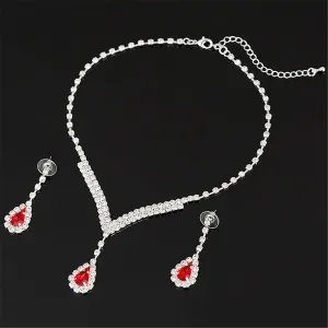 Red & Cubic Zirconia Pear Statement Necklace & Drop Earrings