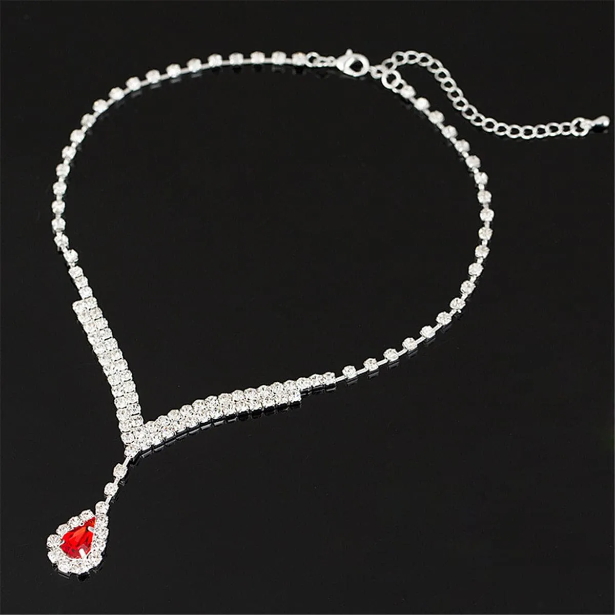 Red & Cubic Zirconia Pear Statement Necklace & Drop Earrings
