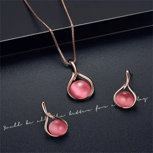 Red Cats Eye & Cubic Zirconia Pendant Necklace & Drop Earrings