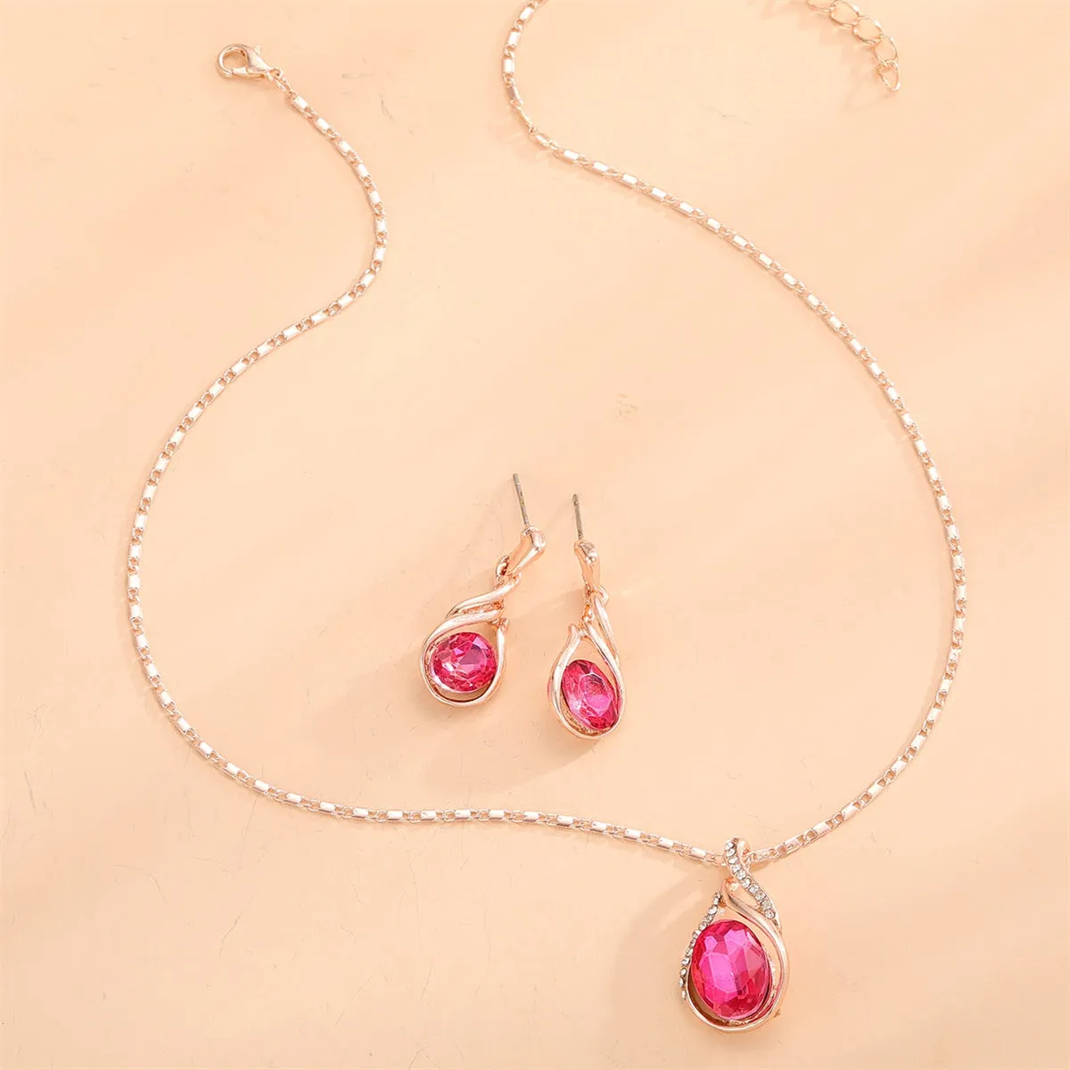 Red Crystal & Cubic Zirconia Pendant Necklace & Earrings