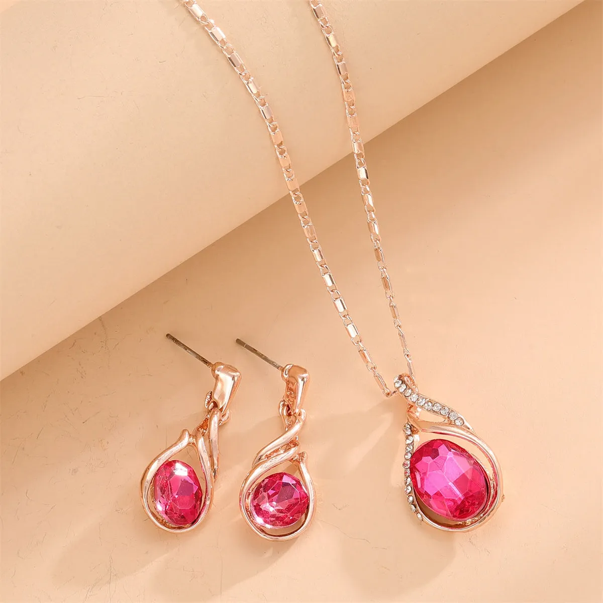 Red Crystal & Cubic Zirconia Pendant Necklace & Earrings