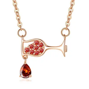 Red Crystal & Cubic Zirconia Pouring Wine Glass Pendant Necklace