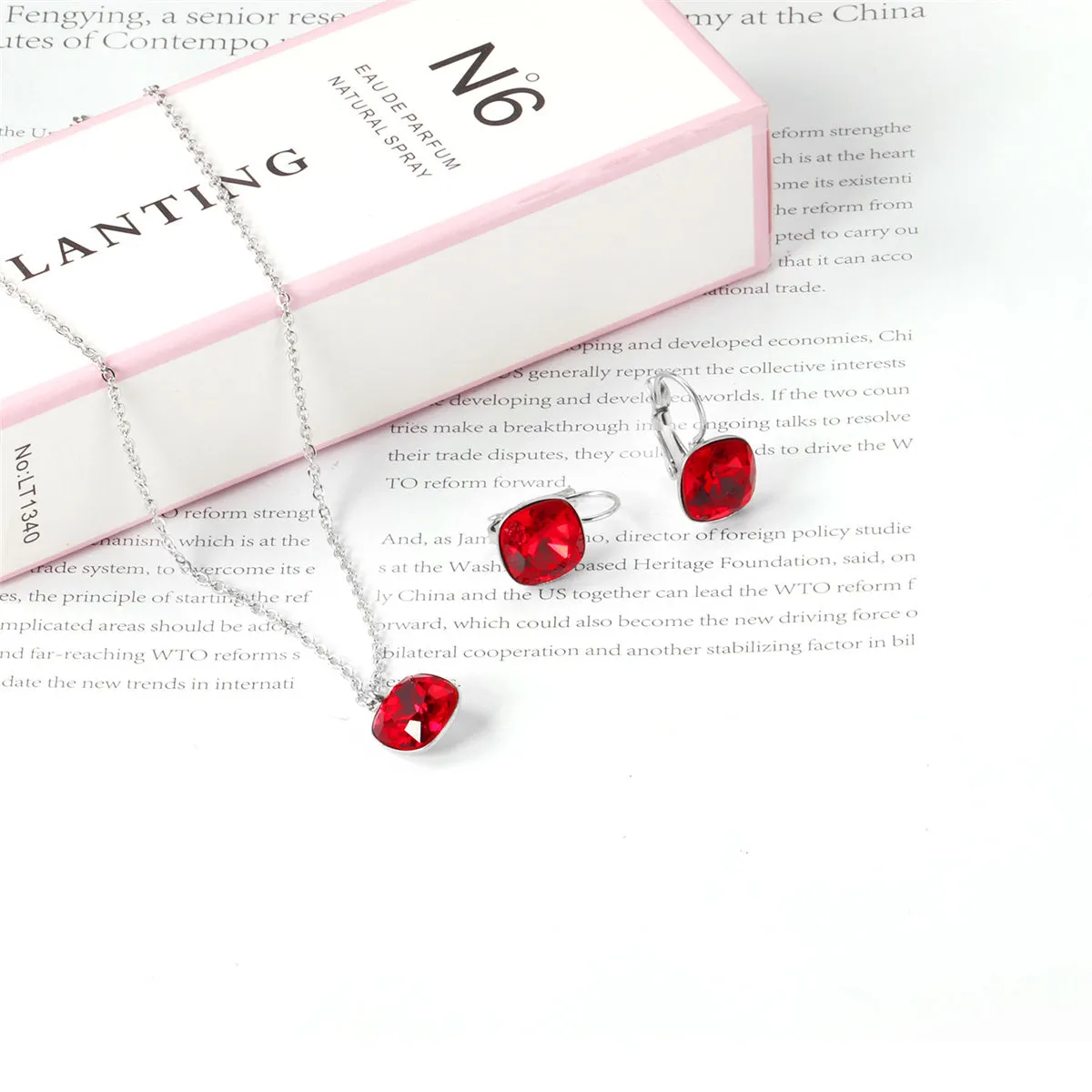 Red Crystal & Silver-Plated Square Leverback Earrings & Pendant Necklace