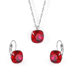 Red Crystal & Silver-Plated Square Leverback Earrings & Pendant Necklace