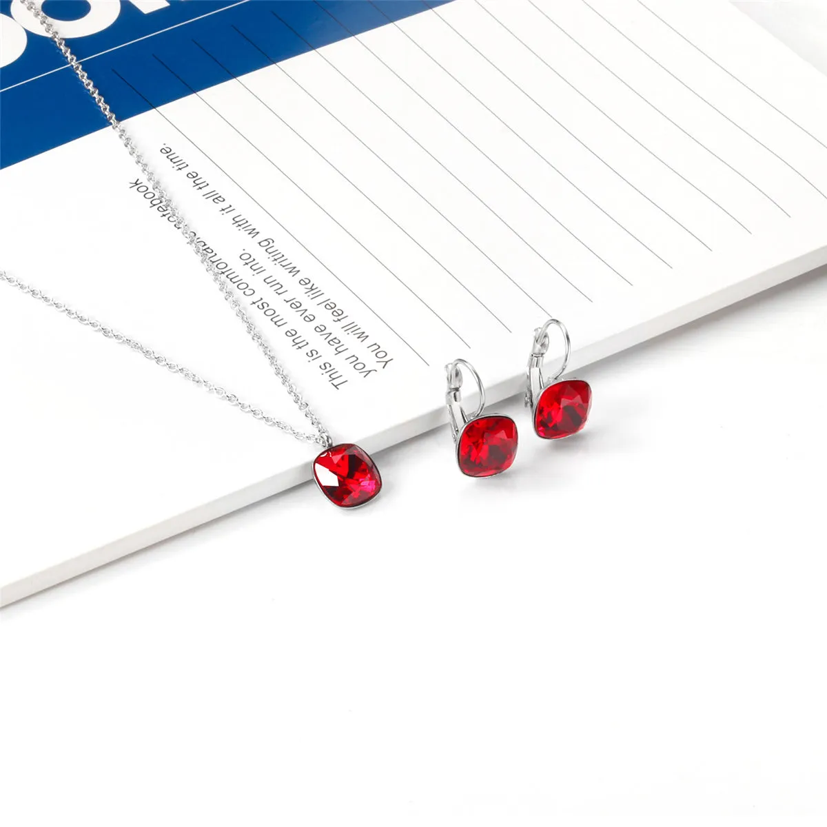 Red Crystal & Silver-Plated Square Leverback Earrings & Pendant Necklace