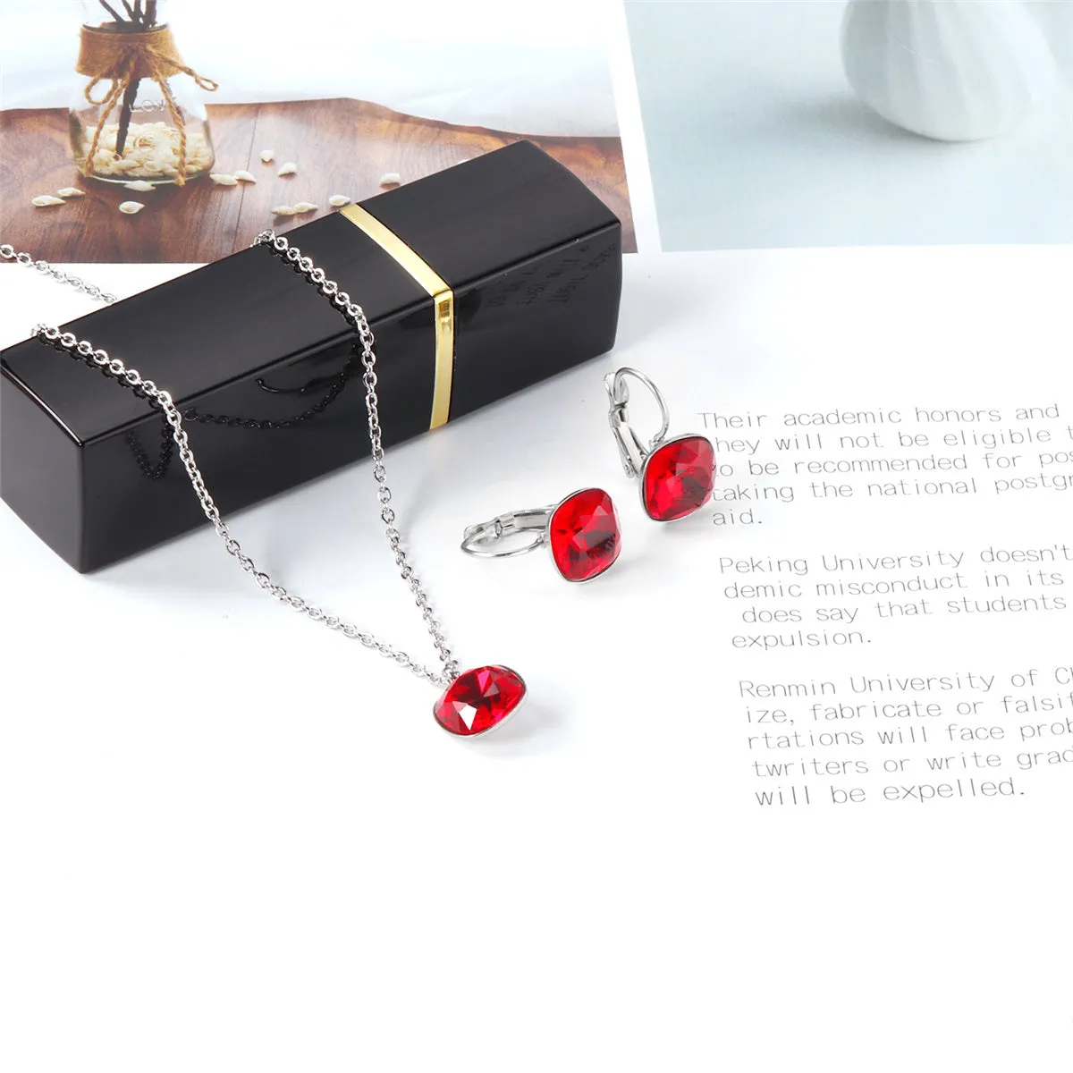 Red Crystal & Silver-Plated Square Leverback Earrings & Pendant Necklace