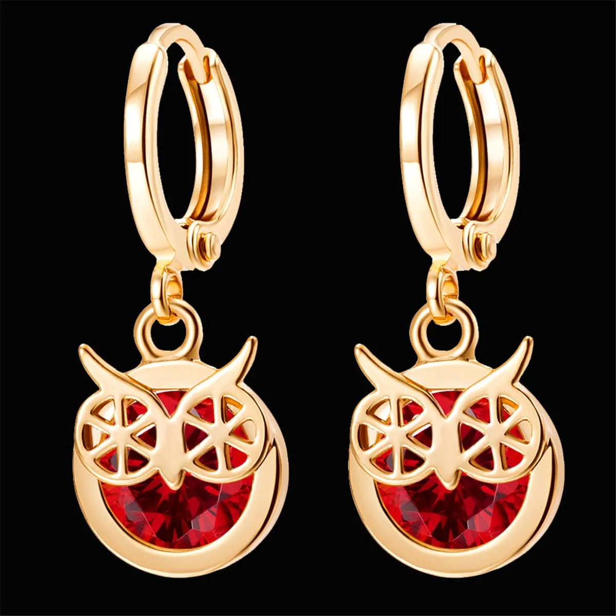 Red Cubic Zirconia & 18K Gold-Plated Owl Bezel Drop Earrings