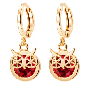 Red Cubic Zirconia & 18K Gold-Plated Owl Bezel Drop Earrings