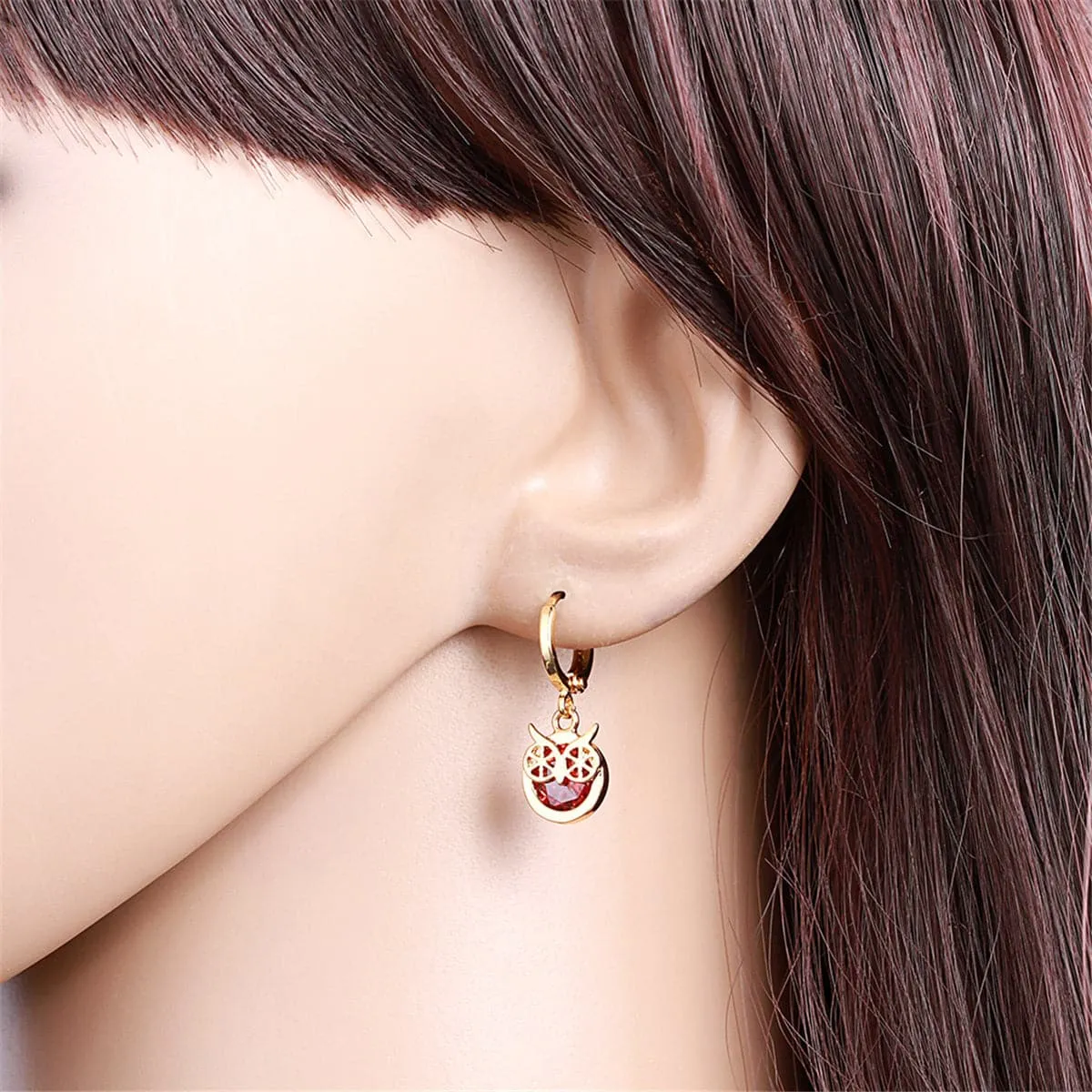 Red Cubic Zirconia & 18K Gold-Plated Owl Bezel Drop Earrings