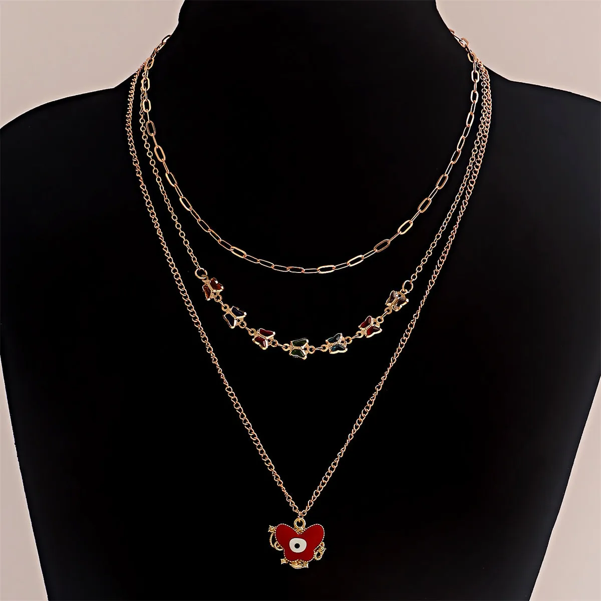 Red Enamel & 18K Gold-Plated Butterfly Pendant Necklace Set