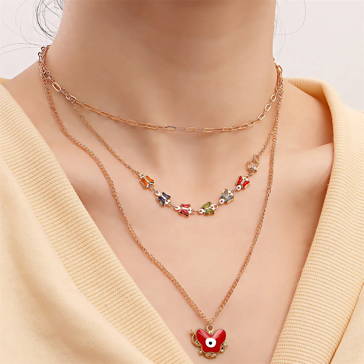 Red Enamel & 18K Gold-Plated Butterfly Pendant Necklace Set
